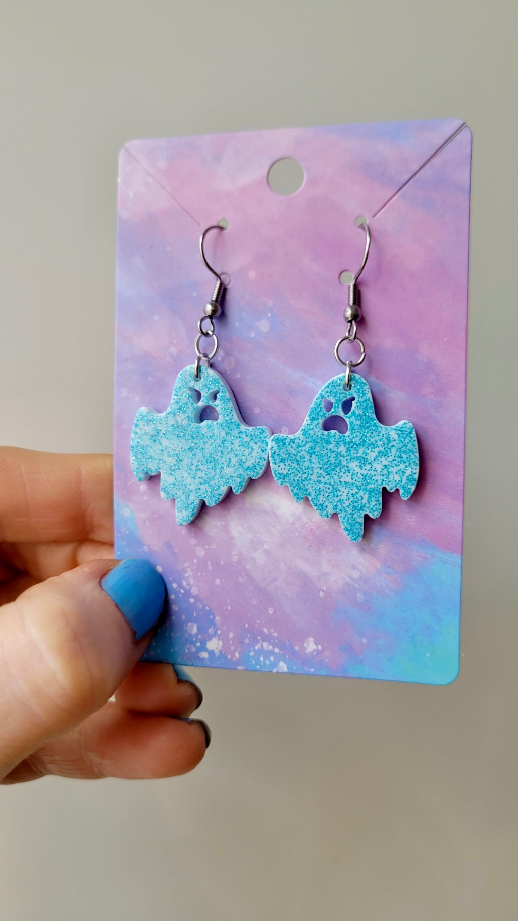Light Blue Glitter Angry Ghost Earrings - Stainless Steel Hooks