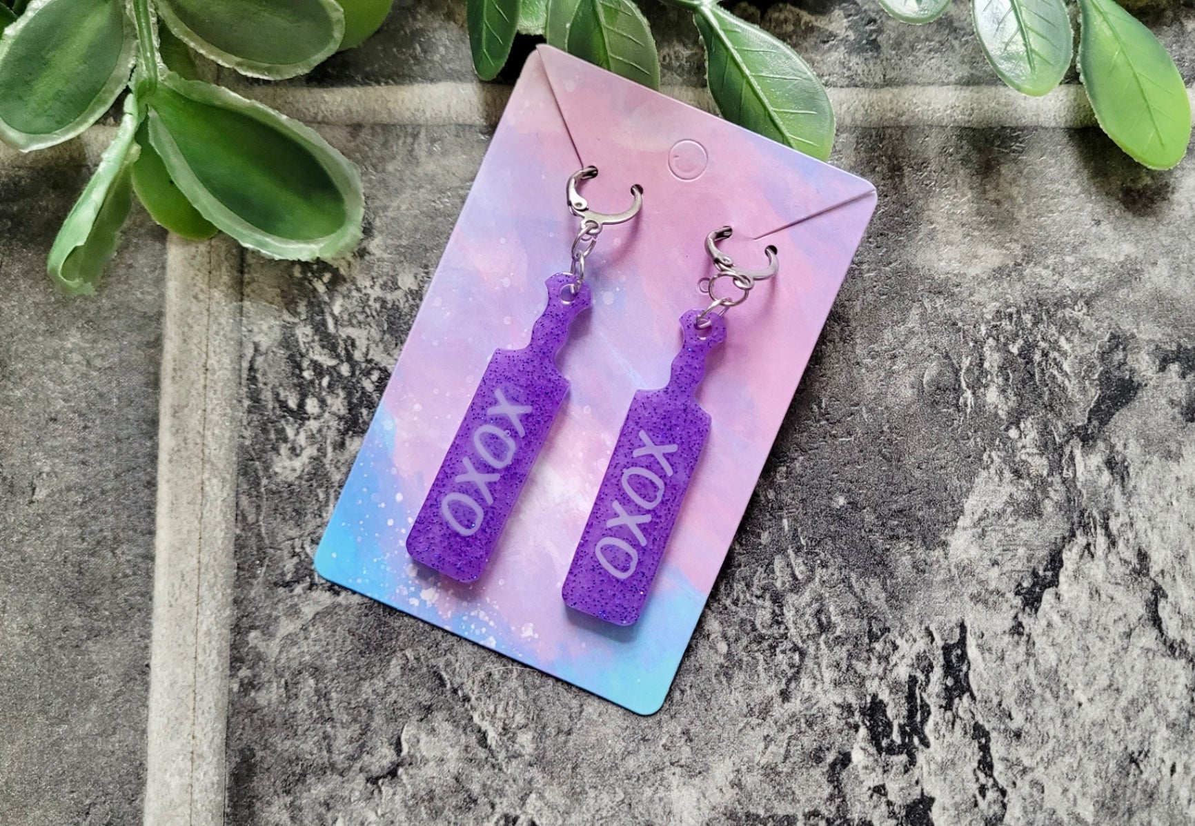Purple Glitter “XOXO” White Text Paddle Earrings – Stainless Steel Silver Hoops