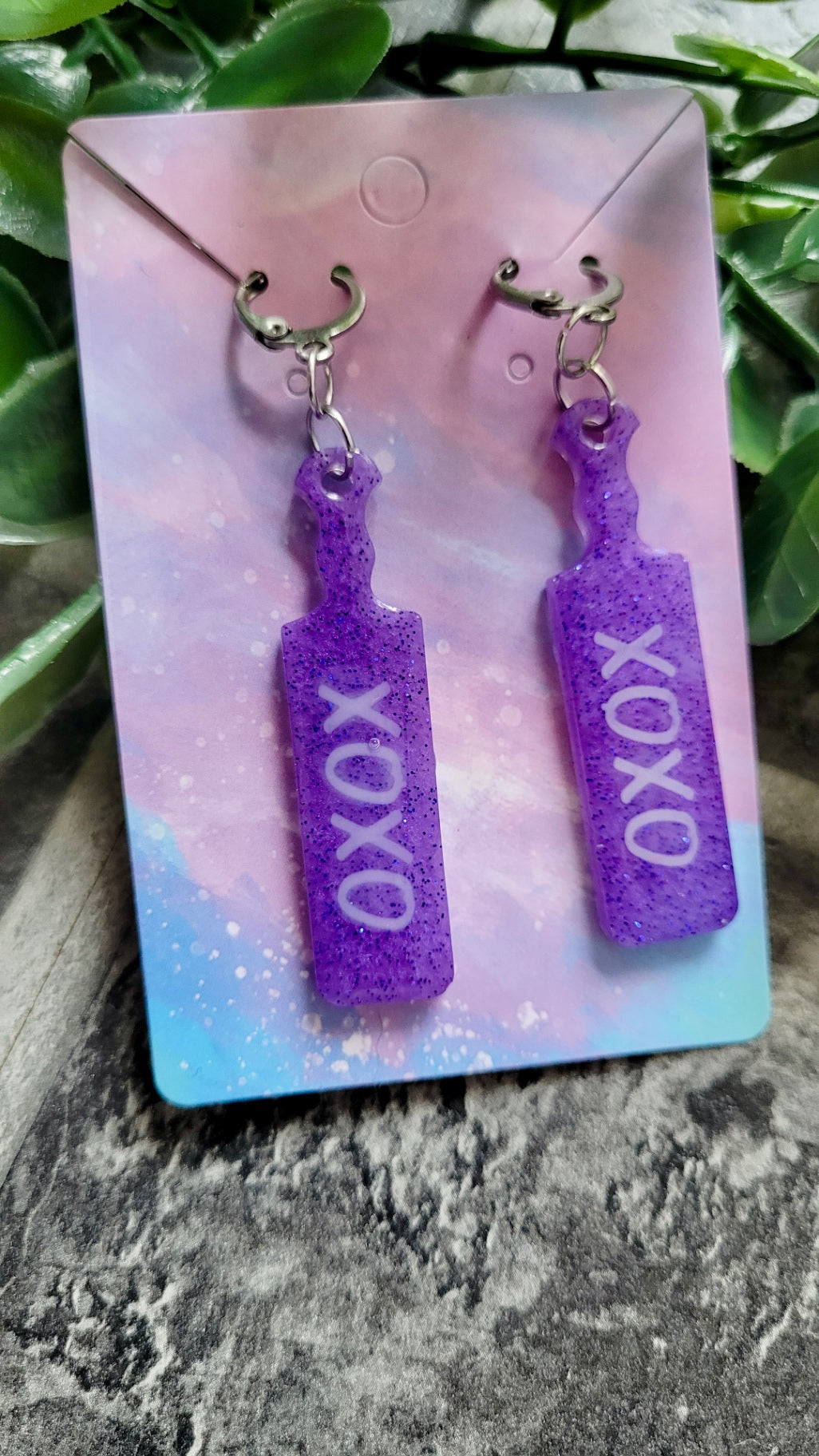 Purple Glitter “XOXO” White Text Paddle Earrings – Stainless Steel Silver Hoops