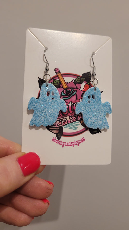 Light Blue Glitter Shocked Ghost Earrings - Stainless Steel Hooks