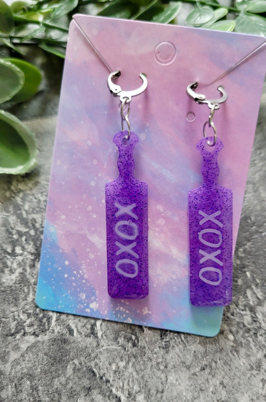 Purple Glitter “XOXO” White Text Paddle Earrings – Stainless Steel Silver Hoops