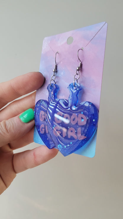 Dark Blue Glitter “GOOD GIRL” Paddle Heart Earrings - Stainless Steel Hooks