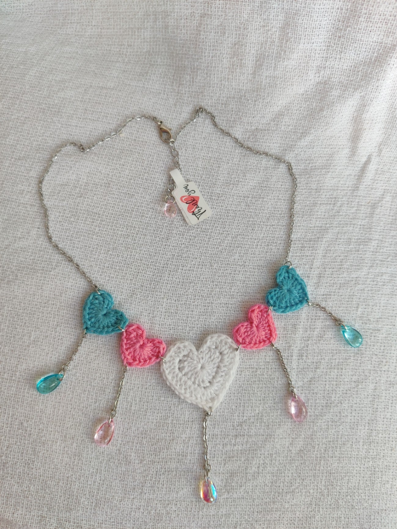 Crochet heart necklace with glass drop beads