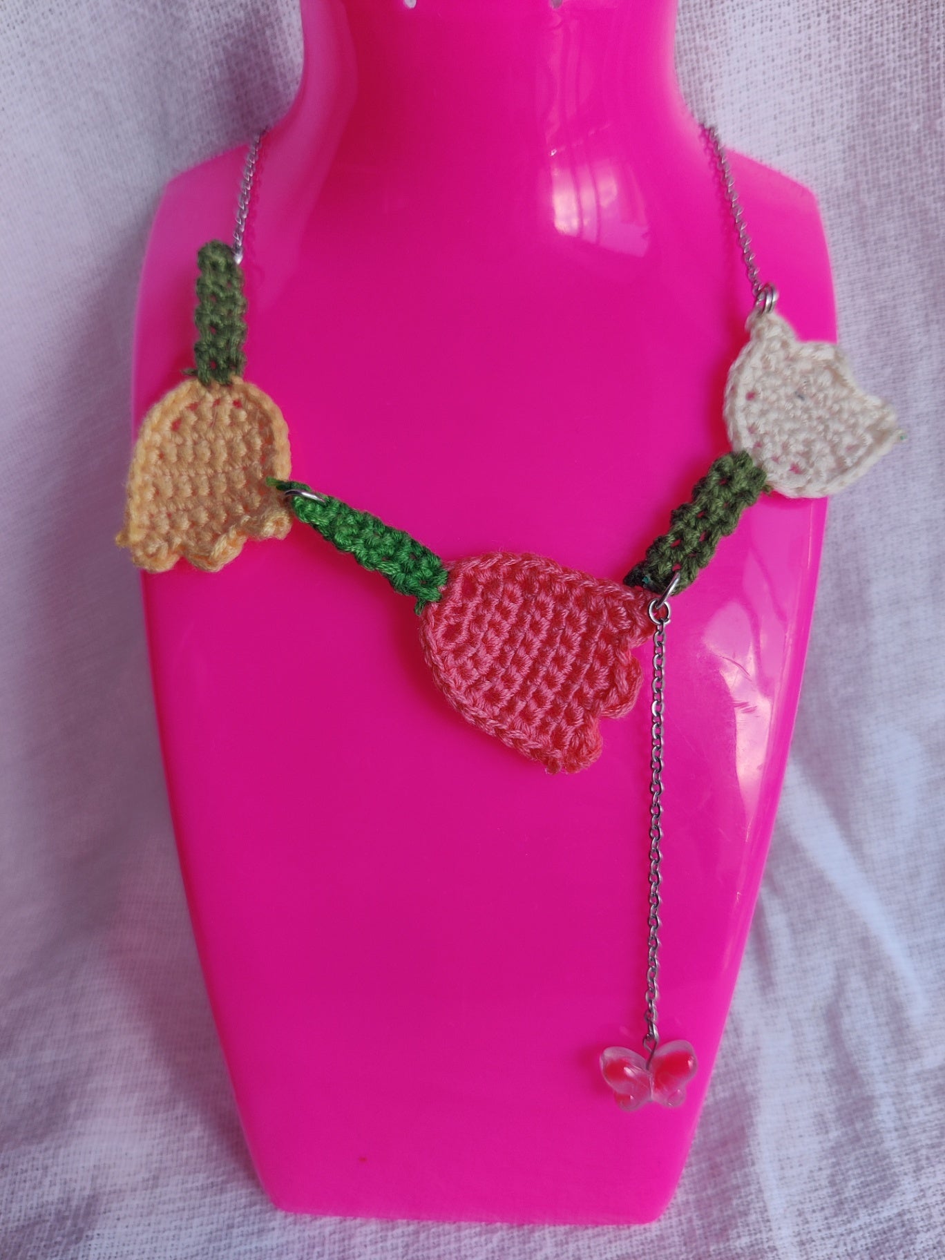 Crochet tulip necklace with glass butterfly bead