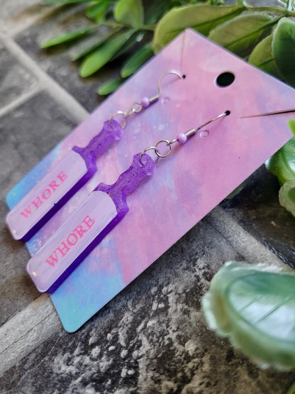 Pastel Purple “WHORE” Paddle Earrings – Stainless Steel Hooks