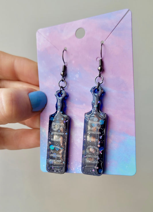 Dark Blue-Black Glitter Paddle Earrings – “BITCH” Silver Text - with Stainless Steel Gunmetal Hooks