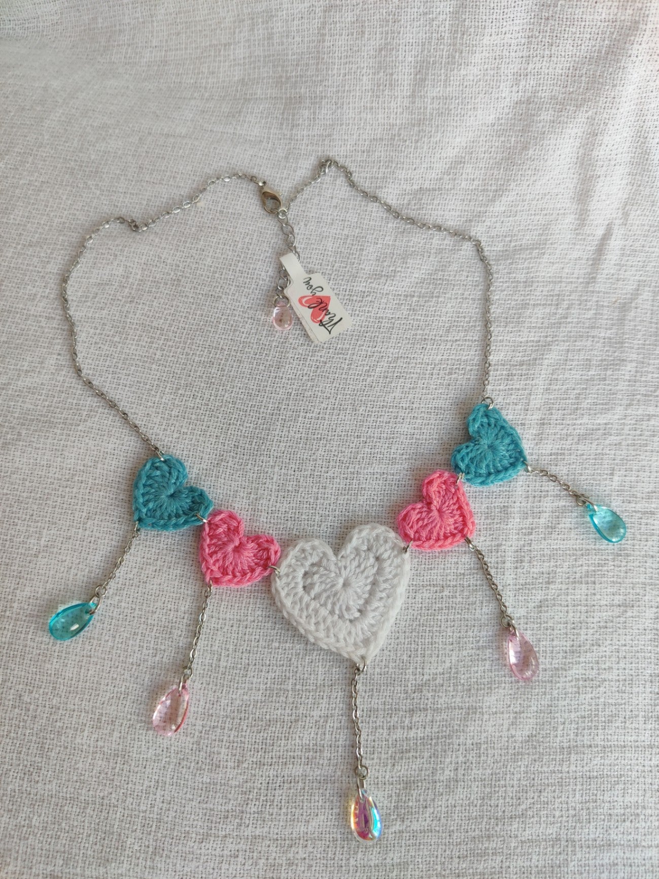 Crochet heart necklace with glass drop beads
