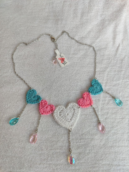 Crochet heart necklace with glass drop beads
