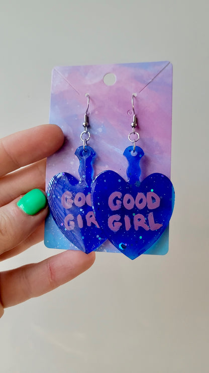 Dark Blue Glitter “GOOD GIRL” Paddle Heart Earrings - Stainless Steel Hooks