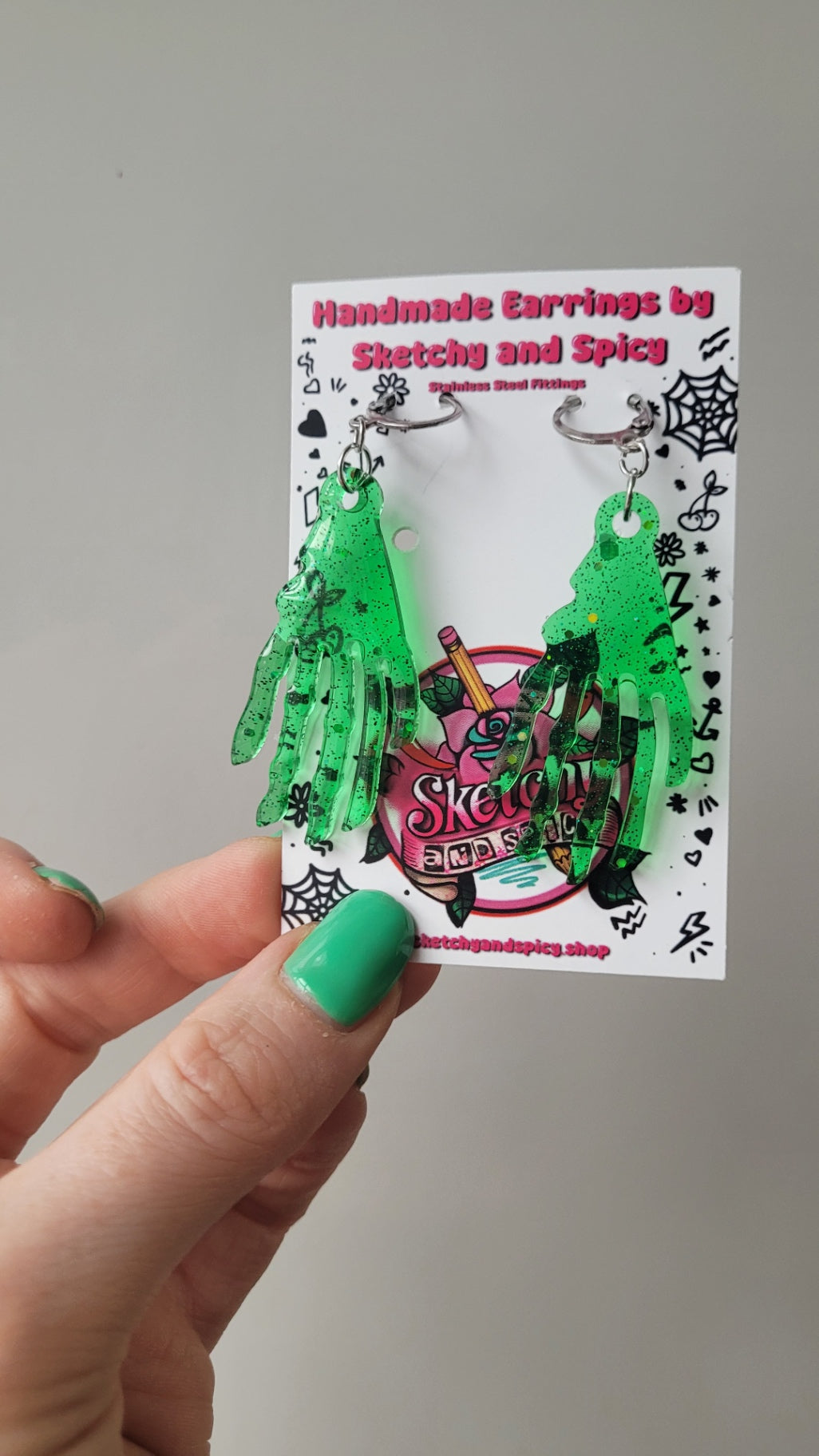 Green Glitter Zombie Hand Earrings - Stainless Steel Hoops