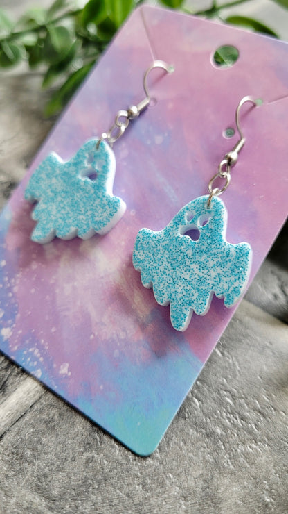 Light Blue Glitter Angry Ghost Earrings - Stainless Steel Hooks