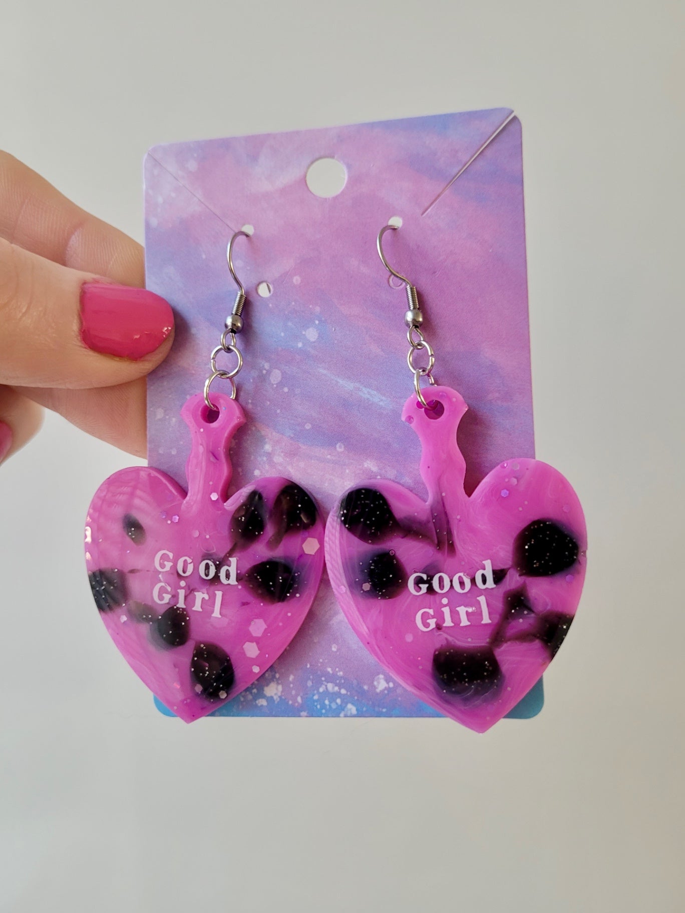 GOOD GIRL Pink and Black Glitter Heart Paddle Earrings with White Text - Stainless Steel Hooks