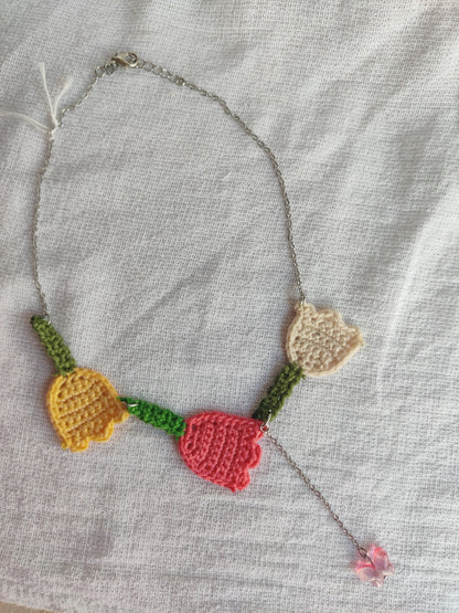 Crochet tulip necklace with glass butterfly bead