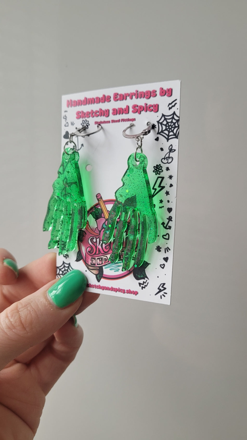 Green Glitter Zombie Hand Earrings - Stainless Steel Hoops