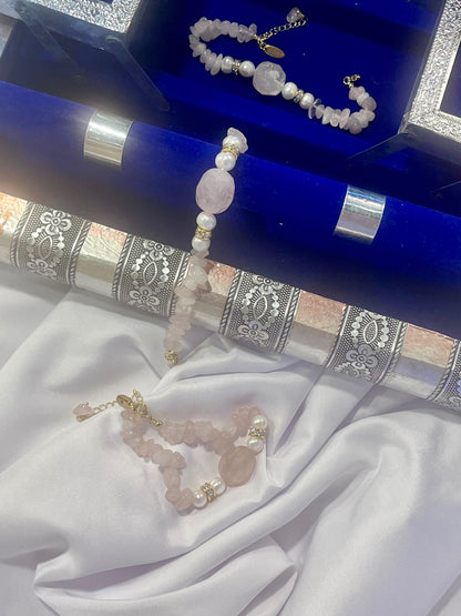 Rose Quartz & Biwa Pearl Bracelet – Gold