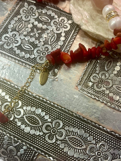 Red Coral & Biwa Pearl Bracelet 