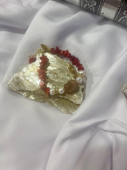 Red Coral & Biwa Pearl Bracelet 