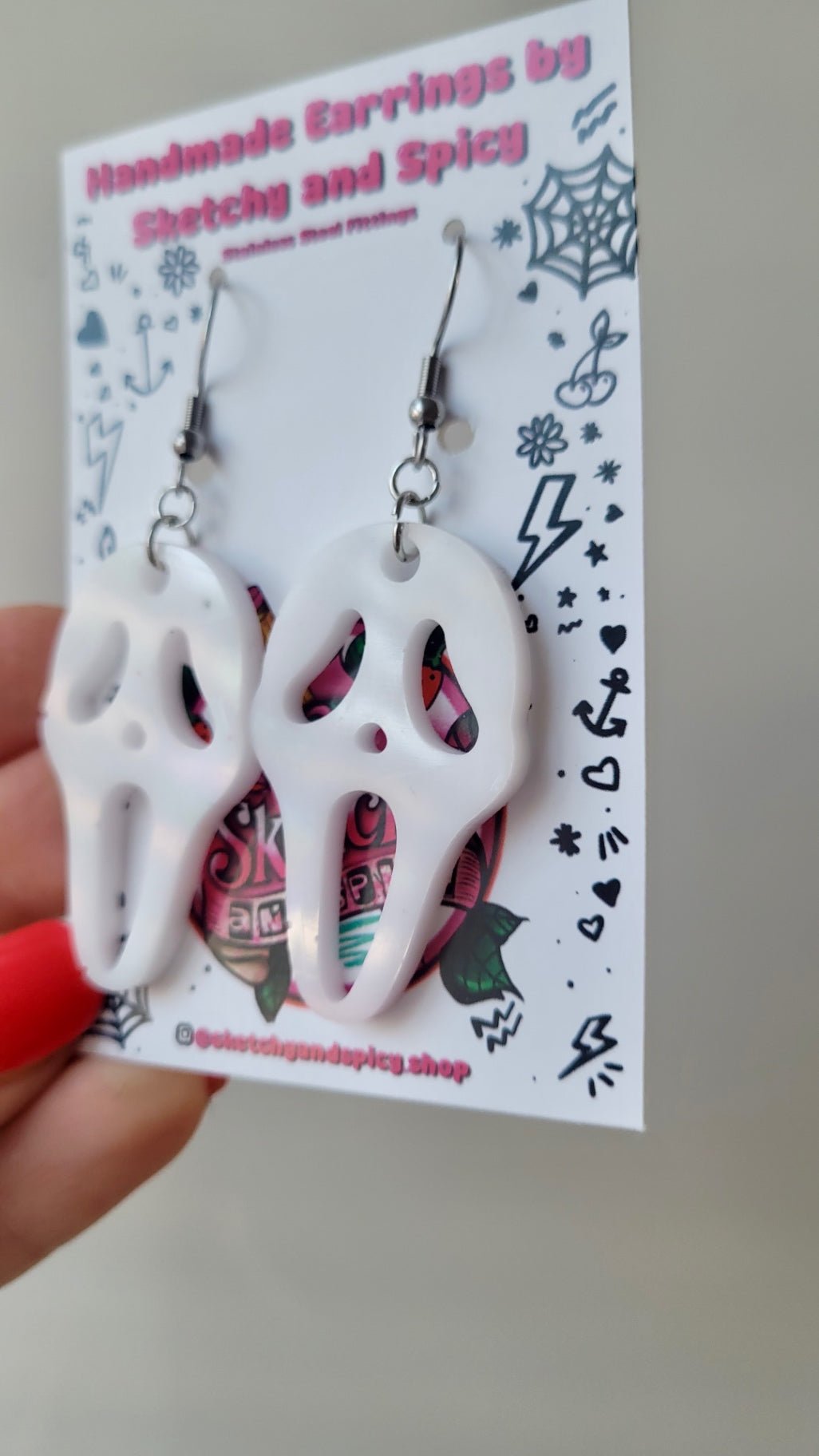 White Gloss Holographic Ghostface Earrings - Scream Inspired - Stainless Steel Hooks