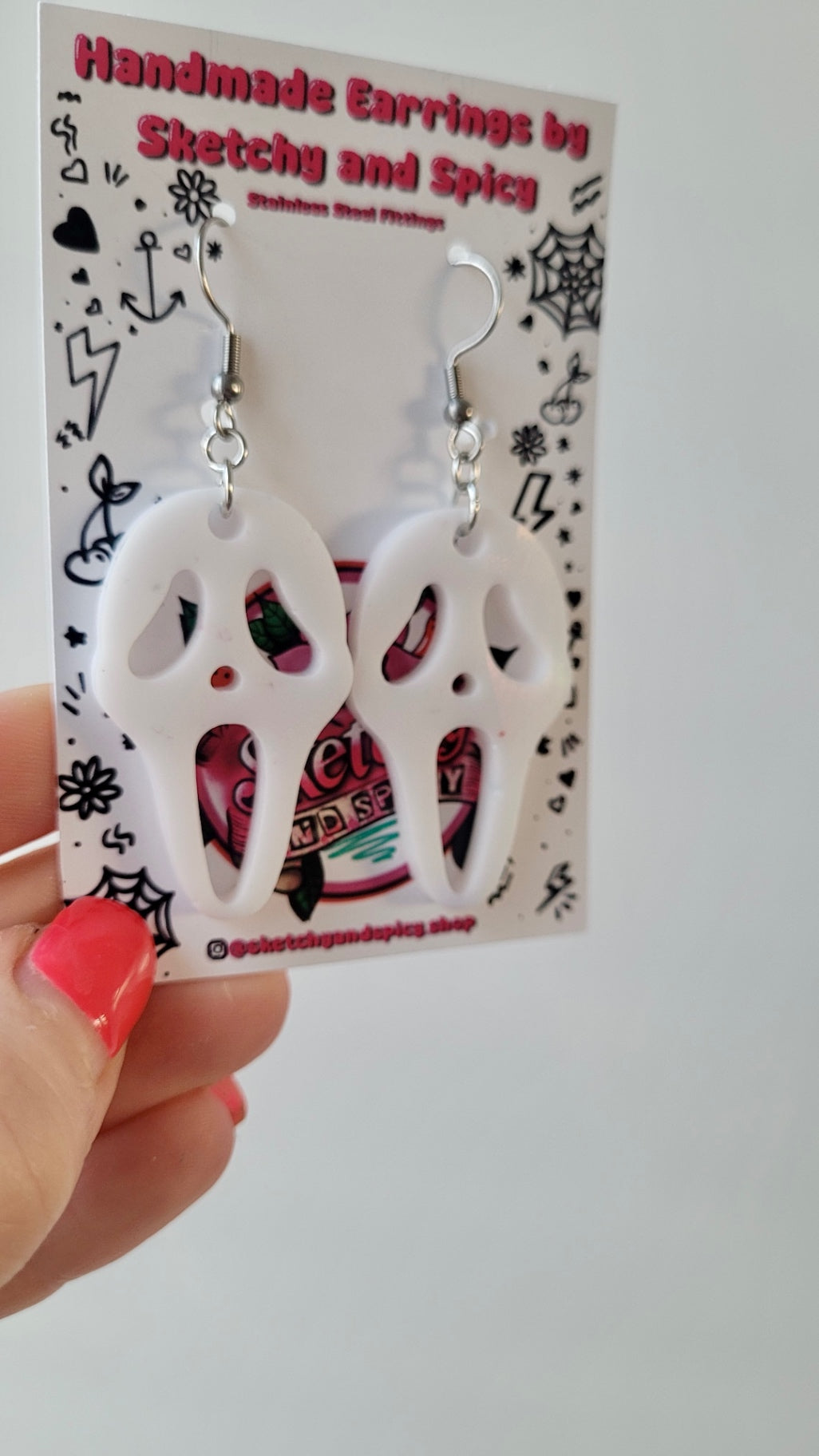 White Gloss Holographic Ghostface Earrings - Scream Inspired - Stainless Steel Hooks
