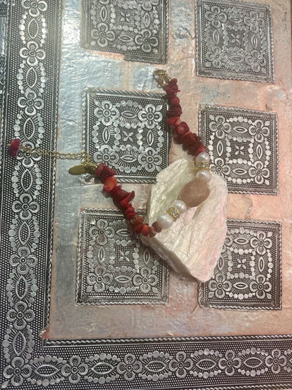 Red Coral & Biwa Pearl Bracelet 