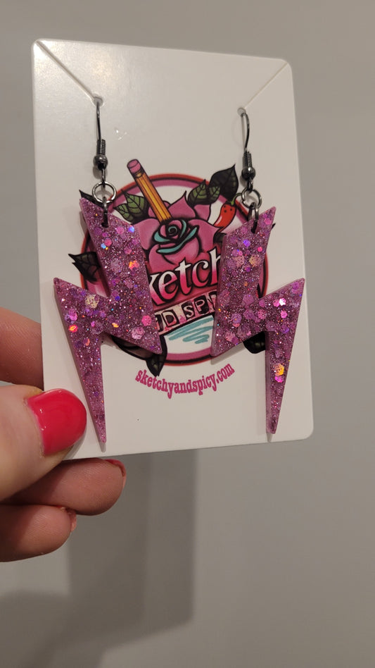 Pink Glitter Lightning Bold Earrings - Stainless Steel Gunmetal Black Hooks