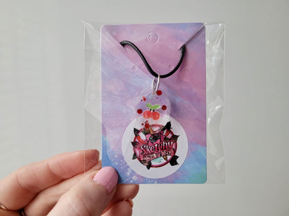 Cherry Glitter Oval Pendant Necklace - Black Cord 50 + 5cm 