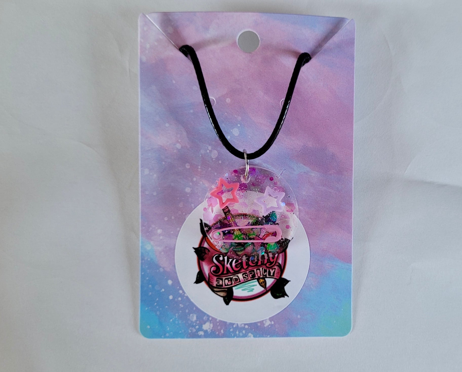 Pastel Star & Safety Pin Resin Necklace - Black Cord 50 + 5cm