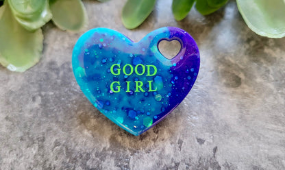 GOOD GIRL Resin Heart Pin Badge - Blue & Purple Glitter with Green Text
