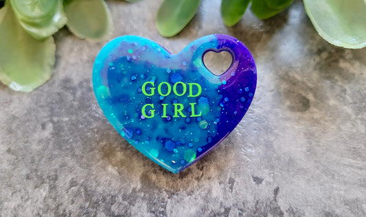GOOD GIRL Resin Heart Pin Badge - Blue & Purple Glitter with Green Text