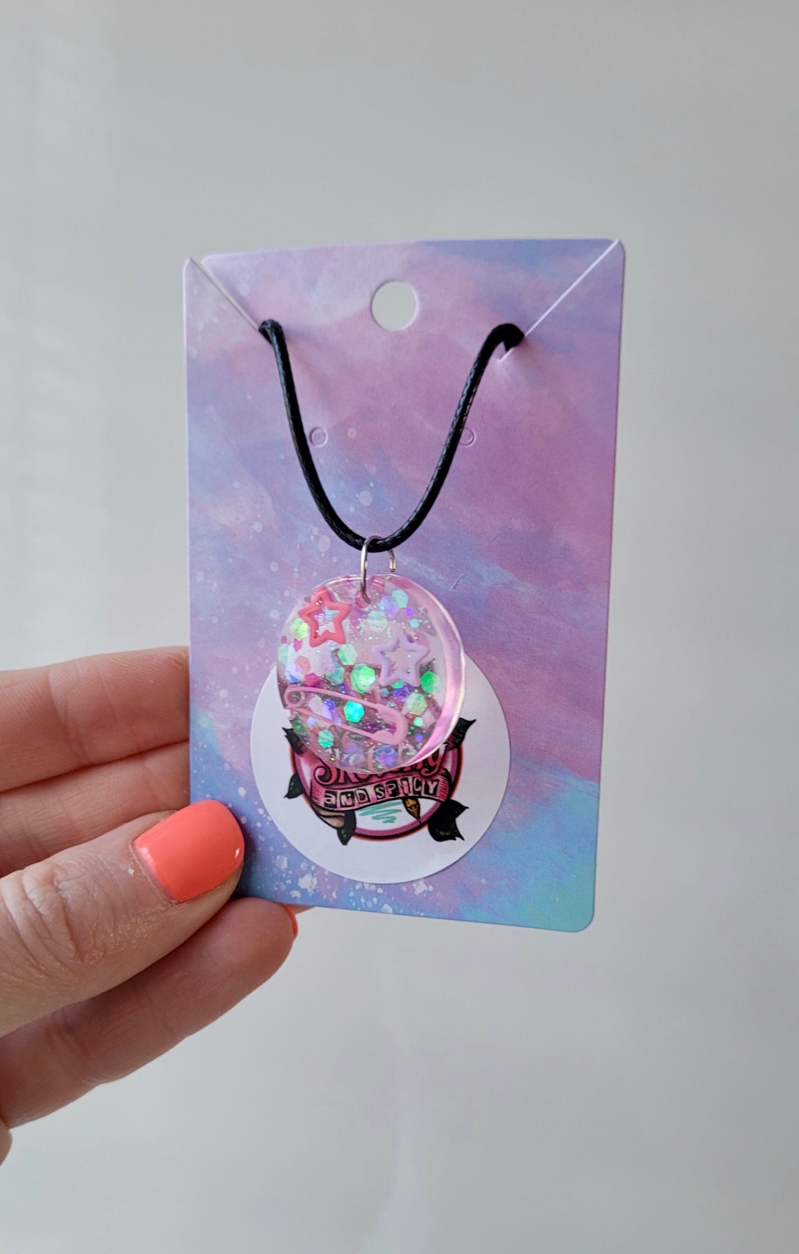 Pastel Star & Safety Pin Resin Necklace - Black Cord 50 + 5cm