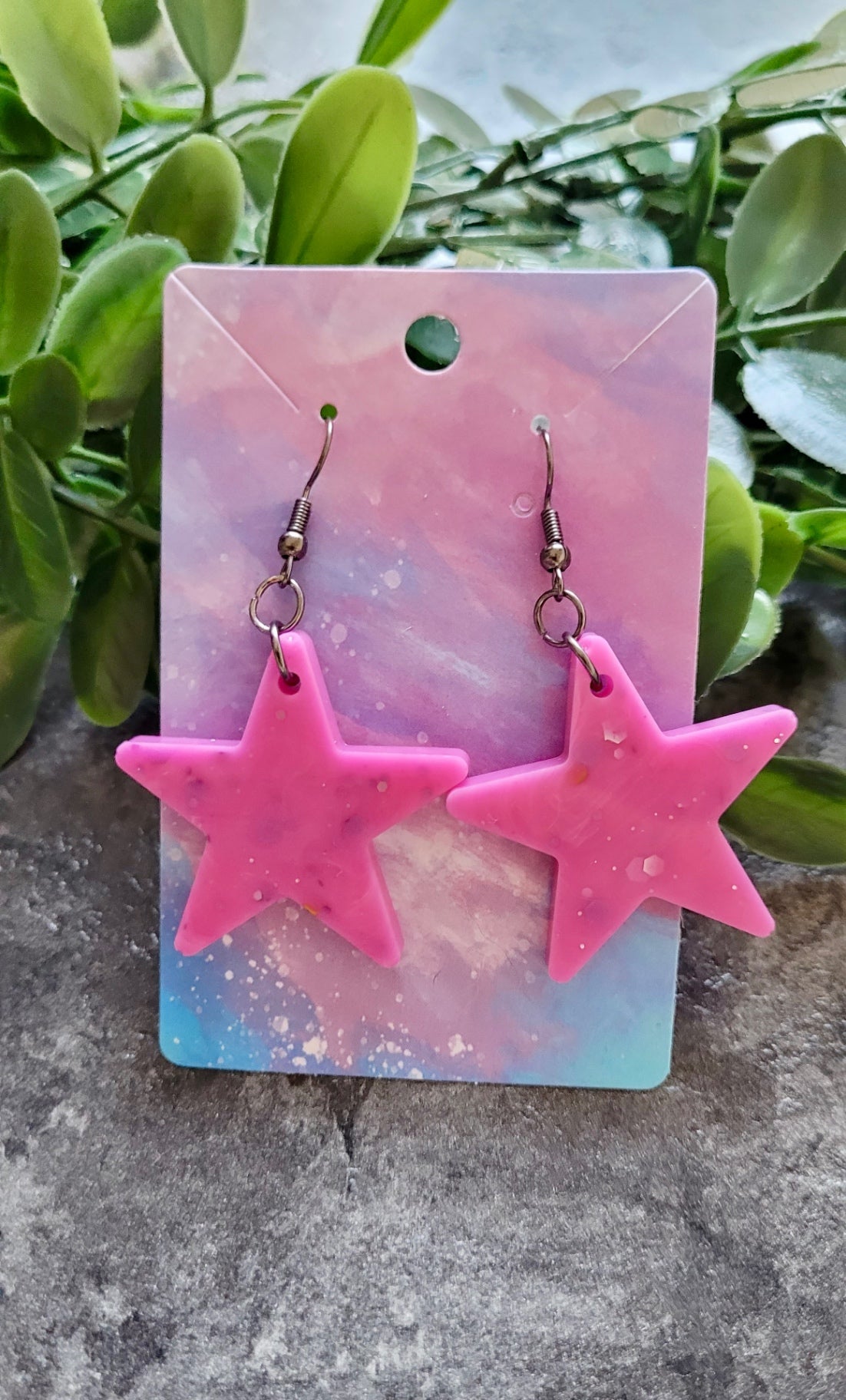 Light Pink Glitter Star Earrings - Stainless Steel Gunmetal Black Hooks
