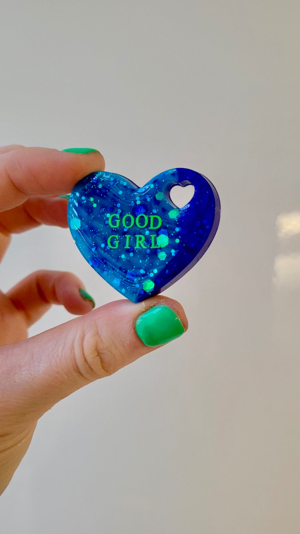 GOOD GIRL Resin Heart Pin Badge - Blue & Purple Glitter with Green Text