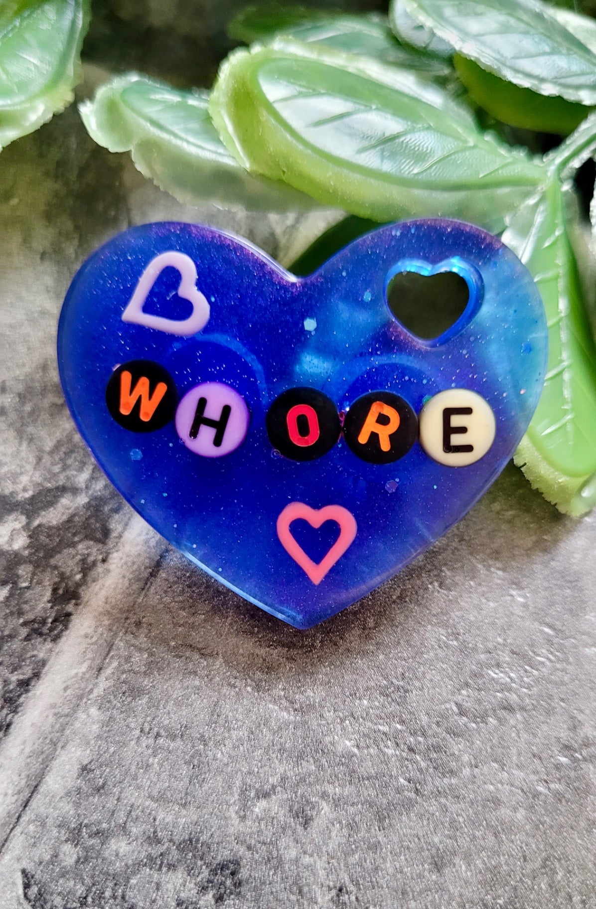 WHORE Playful Beaded Resin Heart Badge