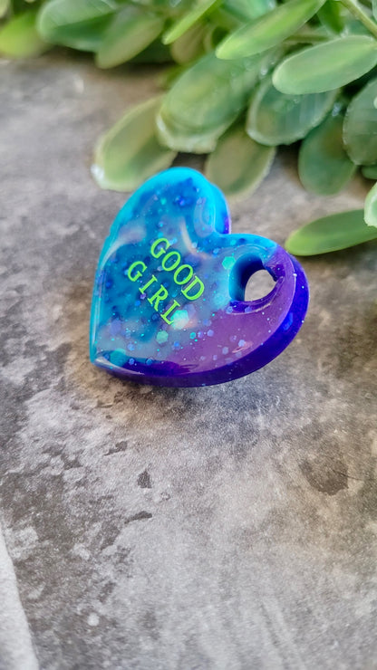GOOD GIRL Resin Heart Pin Badge - Blue & Purple Glitter with Green Text