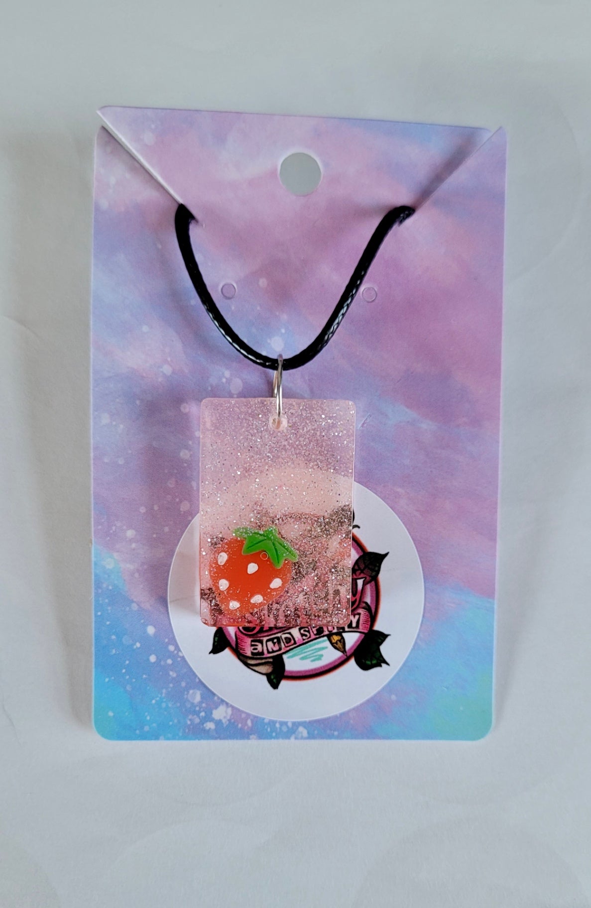 Strawberry Glitter Rectangle Necklace - Black Cord 50 + 5cm 