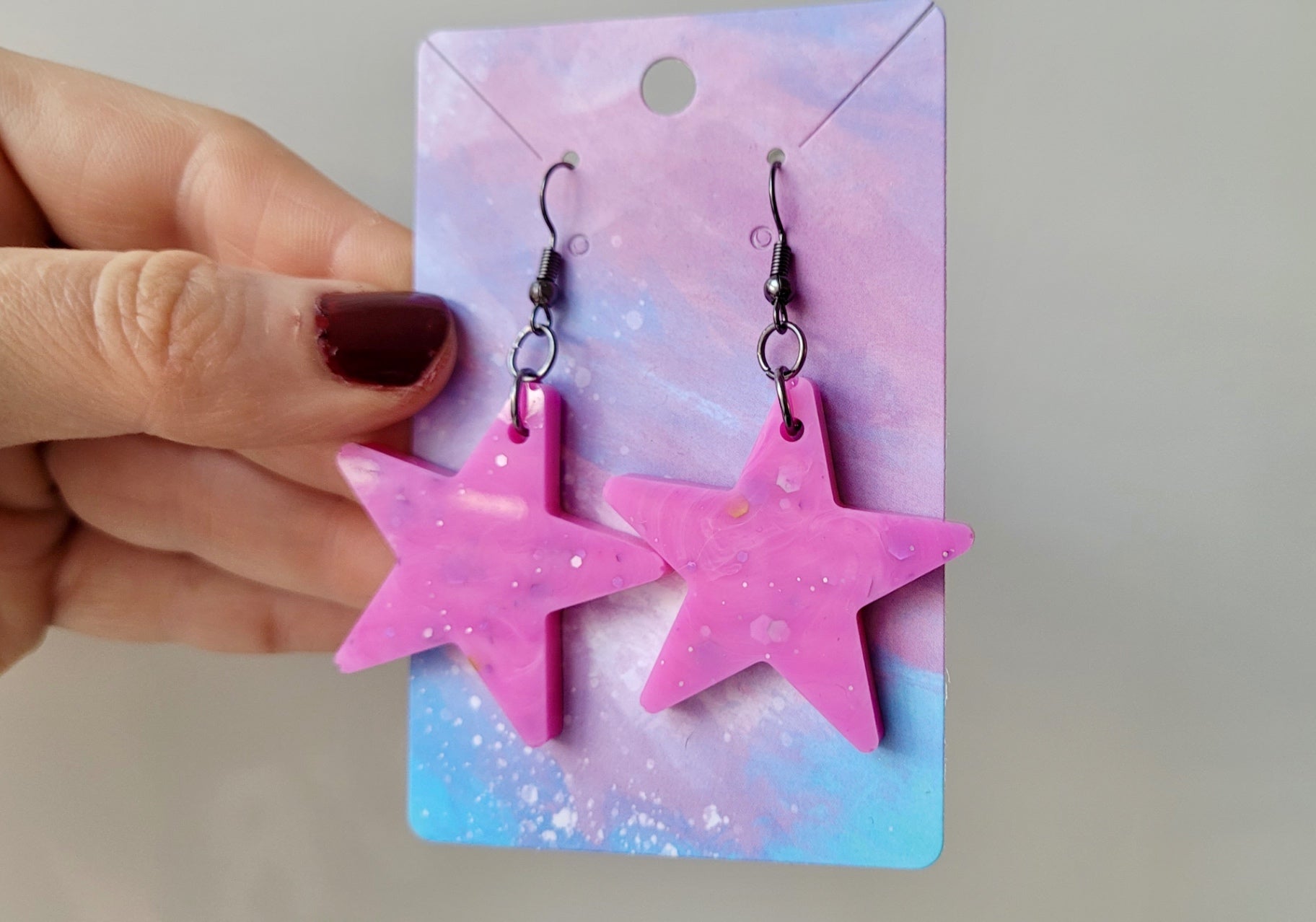 Light Pink Glitter Star Earrings - Stainless Steel Gunmetal Black Hooks