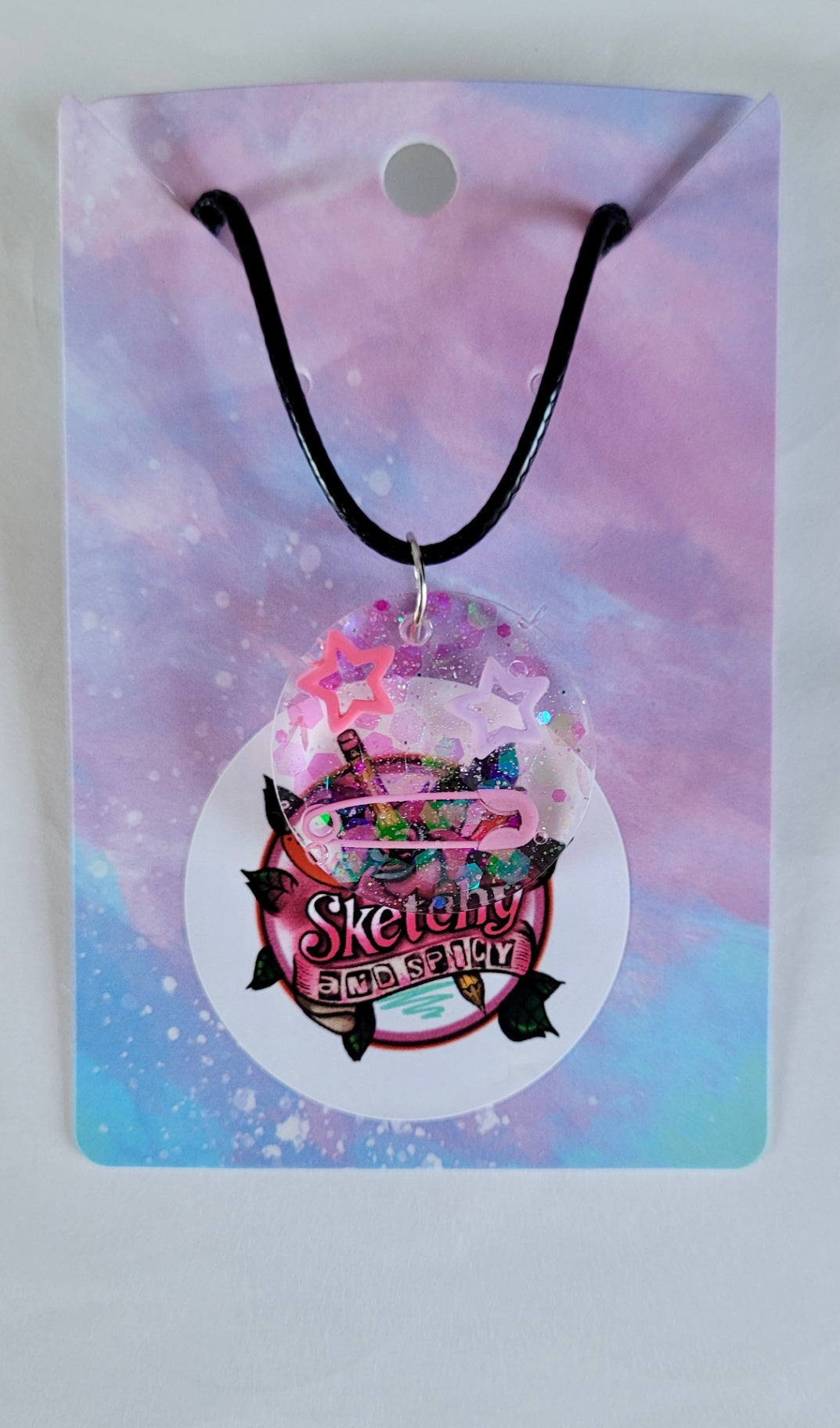 Pastel Star & Safety Pin Resin Necklace - Black Cord 50 + 5cm