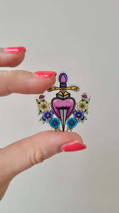 Floral Heart & Dagger Acrylic Pin – Alt Tattoo Inspired Art