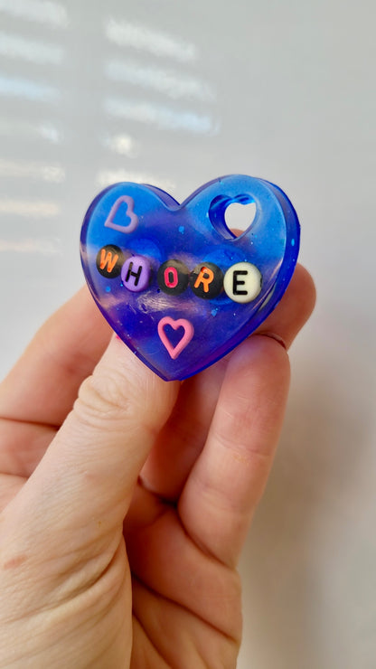 WHORE Playful Beaded Resin Heart Badge