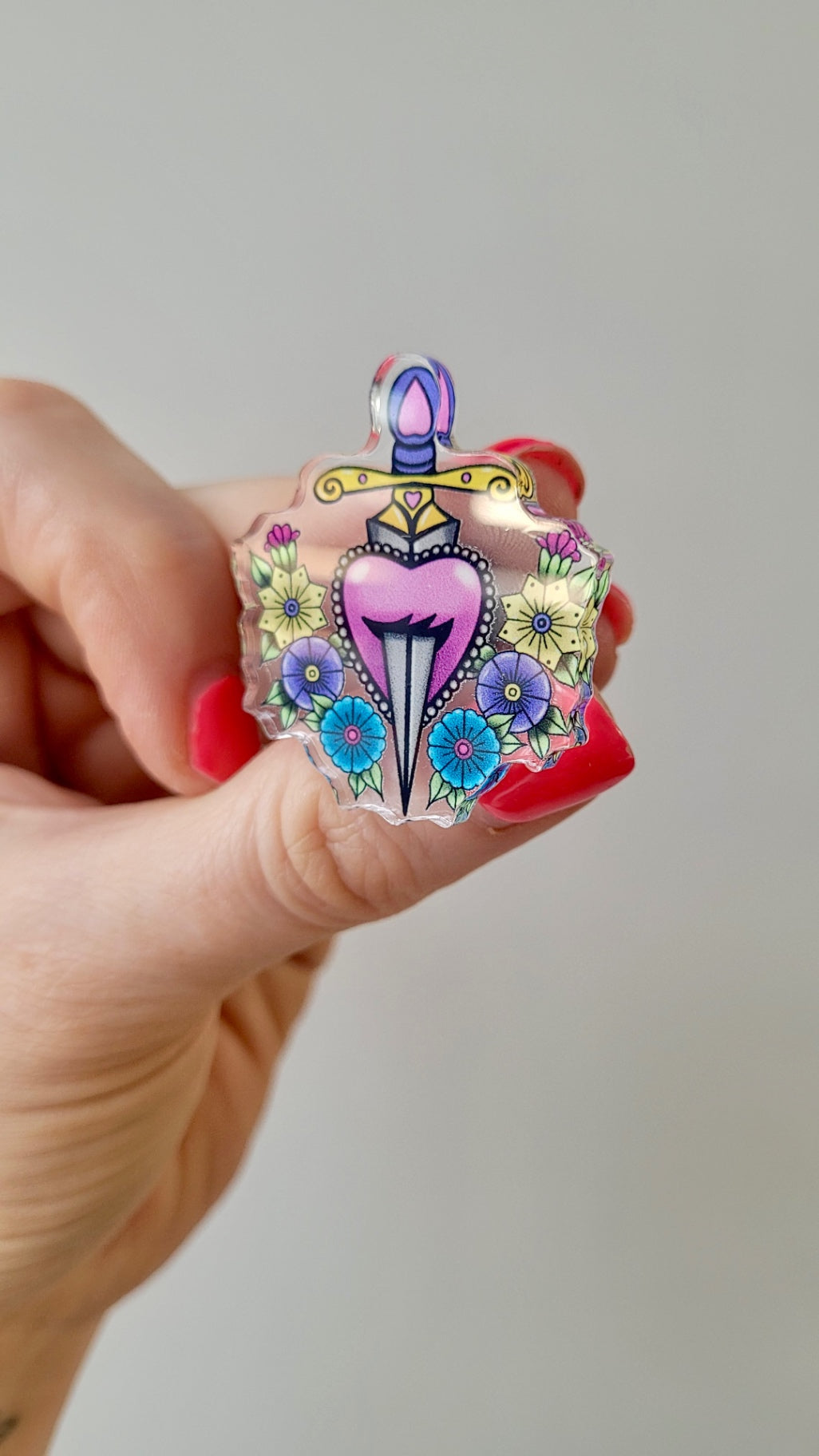 Floral Heart & Dagger Acrylic Pin – Alt Tattoo Inspired Art
