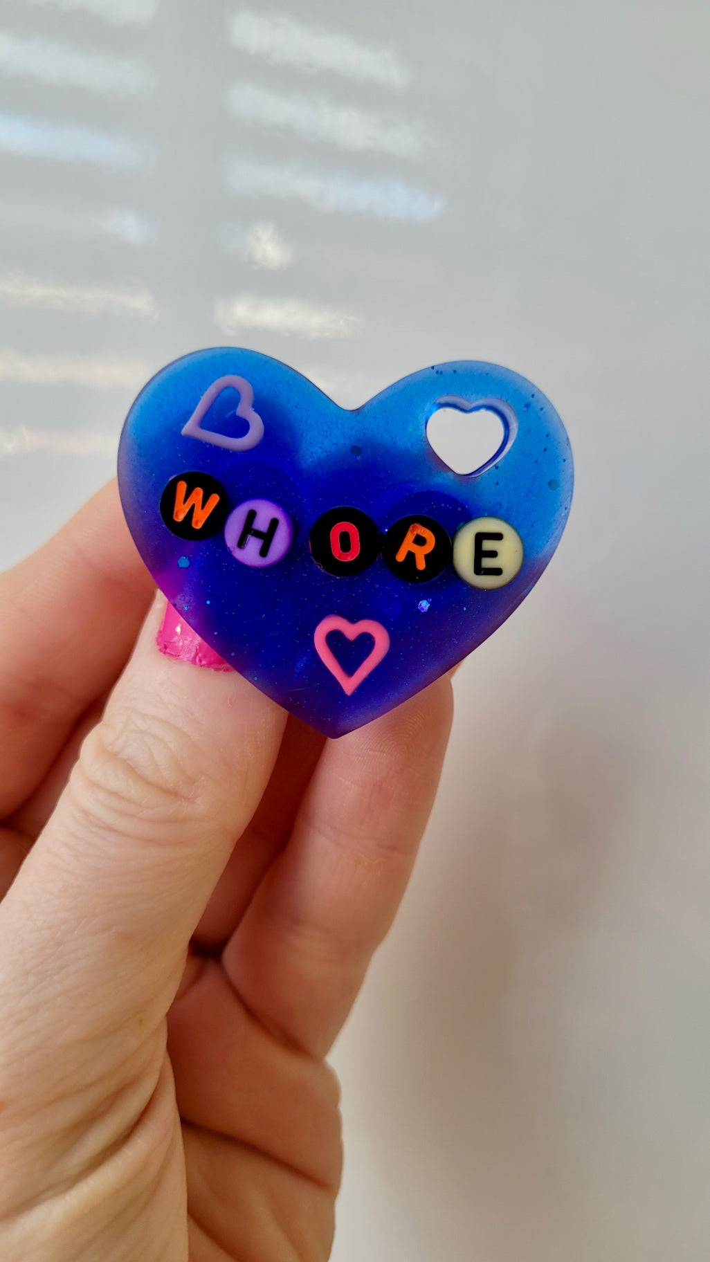 WHORE Playful Beaded Resin Heart Badge