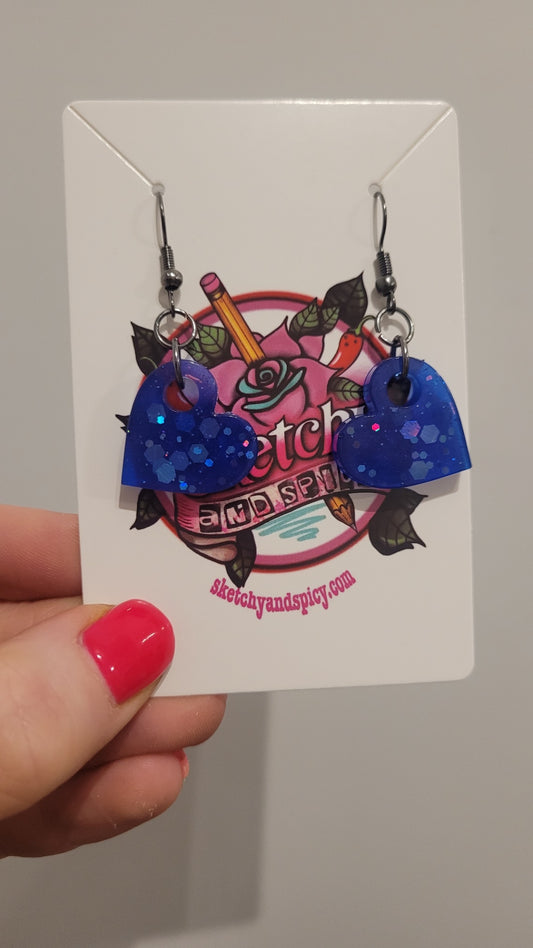 Dark Blue Glitter Heart Earrings - Stainless Steel Gunmetal Black Hooks