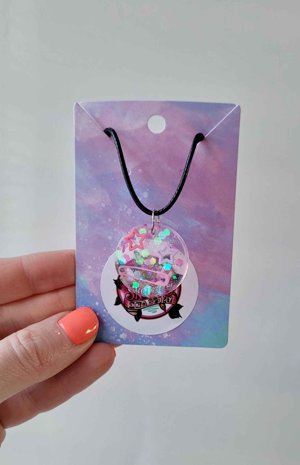 Pastel Star & Safety Pin Resin Necklace - Black Cord 50 + 5cm