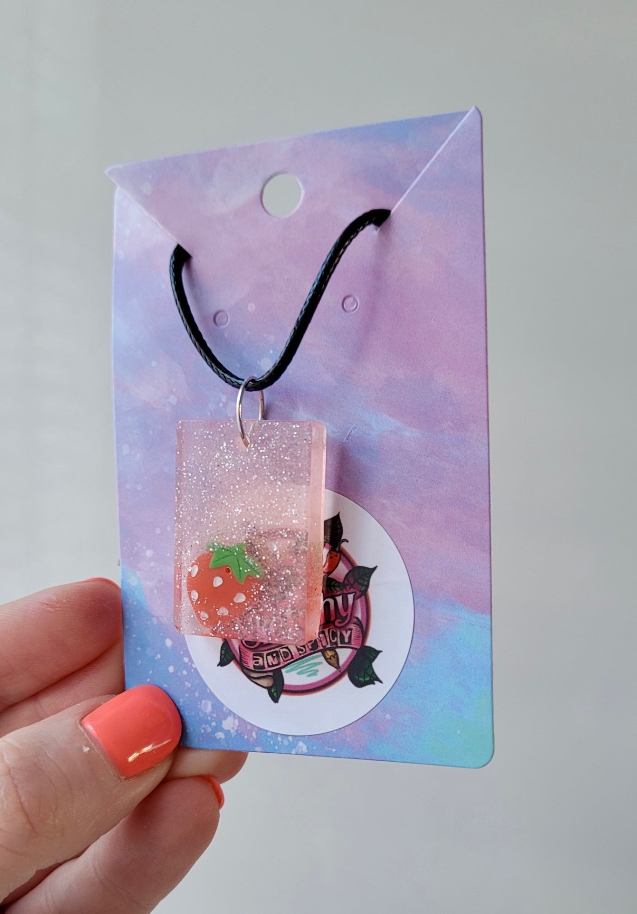 Strawberry Glitter Rectangle Necklace - Black Cord 50 + 5cm 