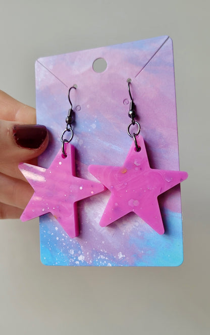 Light Pink Glitter Star Earrings - Stainless Steel Gunmetal Black Hooks