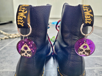 Witchy Ouija Boot Charms – Purple Glitter Resin with YES/NO Planchettes