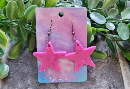 Light Pink Glitter Star Earrings - Stainless Steel Gunmetal Black Hooks