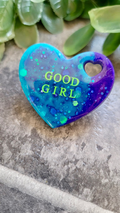 GOOD GIRL Resin Heart Pin Badge - Blue & Purple Glitter with Green Text