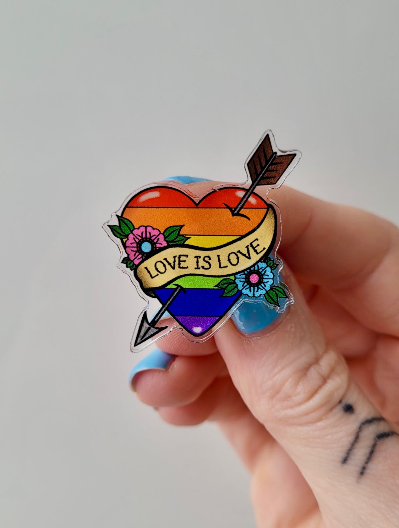 Love is Love Pride Tattoo Heart & Arrow Acrylic Pin Badge