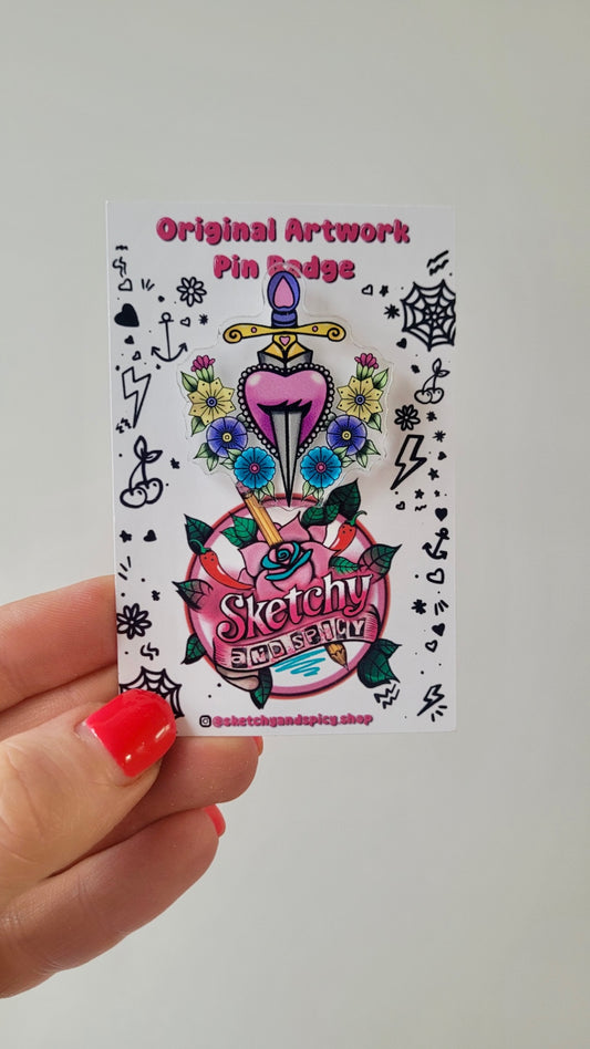 Floral Heart & Dagger Acrylic Pin – Alt Tattoo Inspired Art